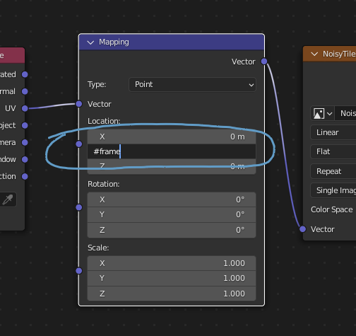 A 'Mapping' node in Blender's Shader Editor with #frame typed into the Y Location field