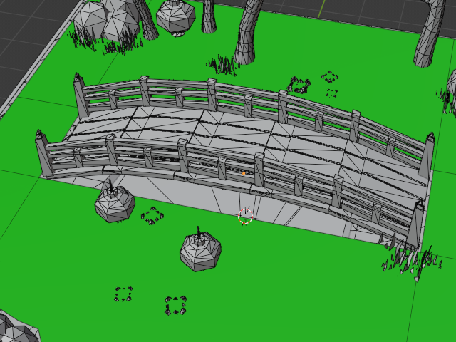 Screen shot from Blender of a hole cut in the nav mesh under the bridge