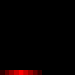 Close-up view of a small, 16 by 16 pixel texture consisting of a row of red pixels with varying brightness.