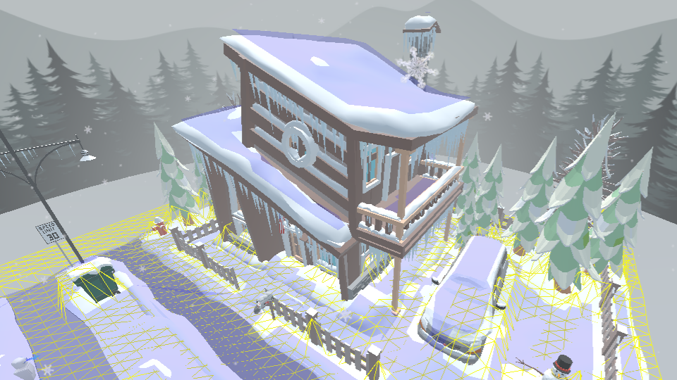 Screenshot from Spoke of a snow-covered house with nav mesh showing on the roof