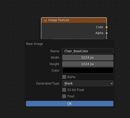 New Image dialog from Blender. Fields are: Name, Width, Height, Color, Alpha, Generated Type