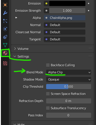 Blender's Material tab shows a parameter called 'Blend Mode' set to 'Alpha Clip'. It's under the 'Settings' section.
