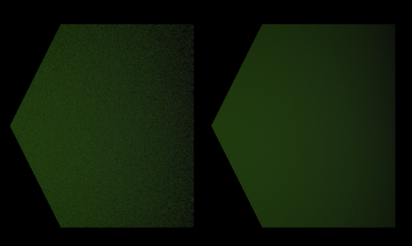 The left side shows a grainy/noisy looking part of the lightmap. The right side is the same part of the lightmap with a much smoother gradient.