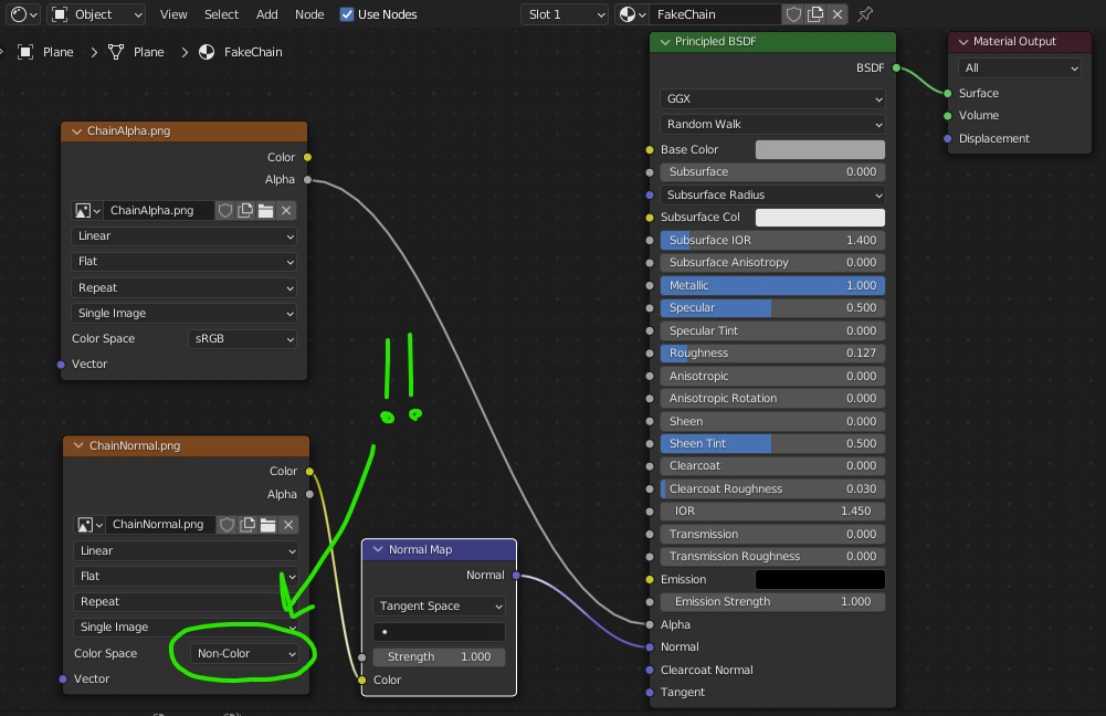 Blender's Shader Editor showing the setup for the fake chain material. The ChainNormal texture's Color output is hooked up to a Normal Map node, then to the Normal input of the Principled BSDF node.