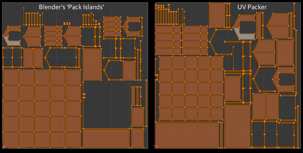 Side-by-side comparison of the UV layout generated by Blender's 'Pack Islands' vs. 'UV Packer' add-on.