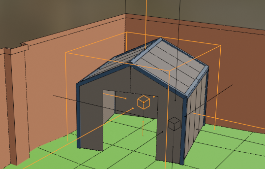 3d view of the scene in Blender. We now have a second reflection cubemap gizmo inside the shed.