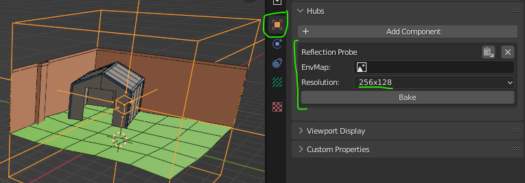 Side-by-side view of Blender's 3d viewport and the Object Properties panel showing the Reflection Probe component.