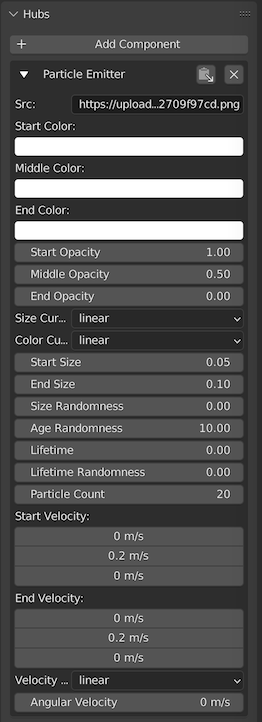 The Hubs Particle Emitter component dialog in Blender showing roughly 20 different parameters.