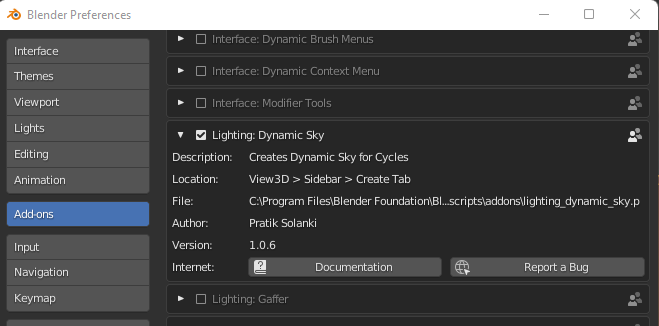 Blender's Preferences window; Add-ons section; The Lighting:Dynamic Sky add-on is enabled via checkbox.