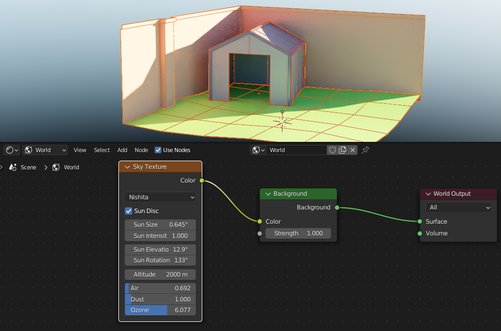 Split view: Top shows the backyard shed scene. Bottom shows Blender's Shader Editor with the World's node graph featuring the 'Sky Texture' node.