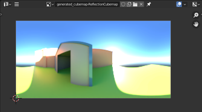 Blender's Image Editor window showing the generated cubemap texture: a 360-degree panorama of the scene.