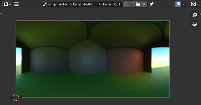 Blender's Image Editor window showing the generated cubemap texture: a 360-degree panorama of the inside of the shed.