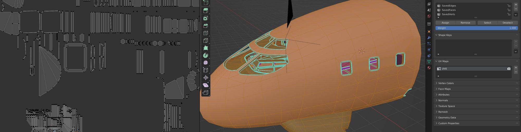 A split view of Blender's 2d UV Editor, a 3d view, and the Properties panel showing the UV Map channels.