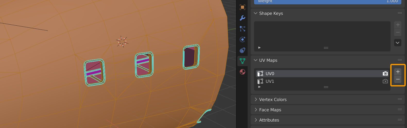A close-up view of Blender's Properties panel showing the UV Map channels. The Plus and Minus buttons are highlighted.