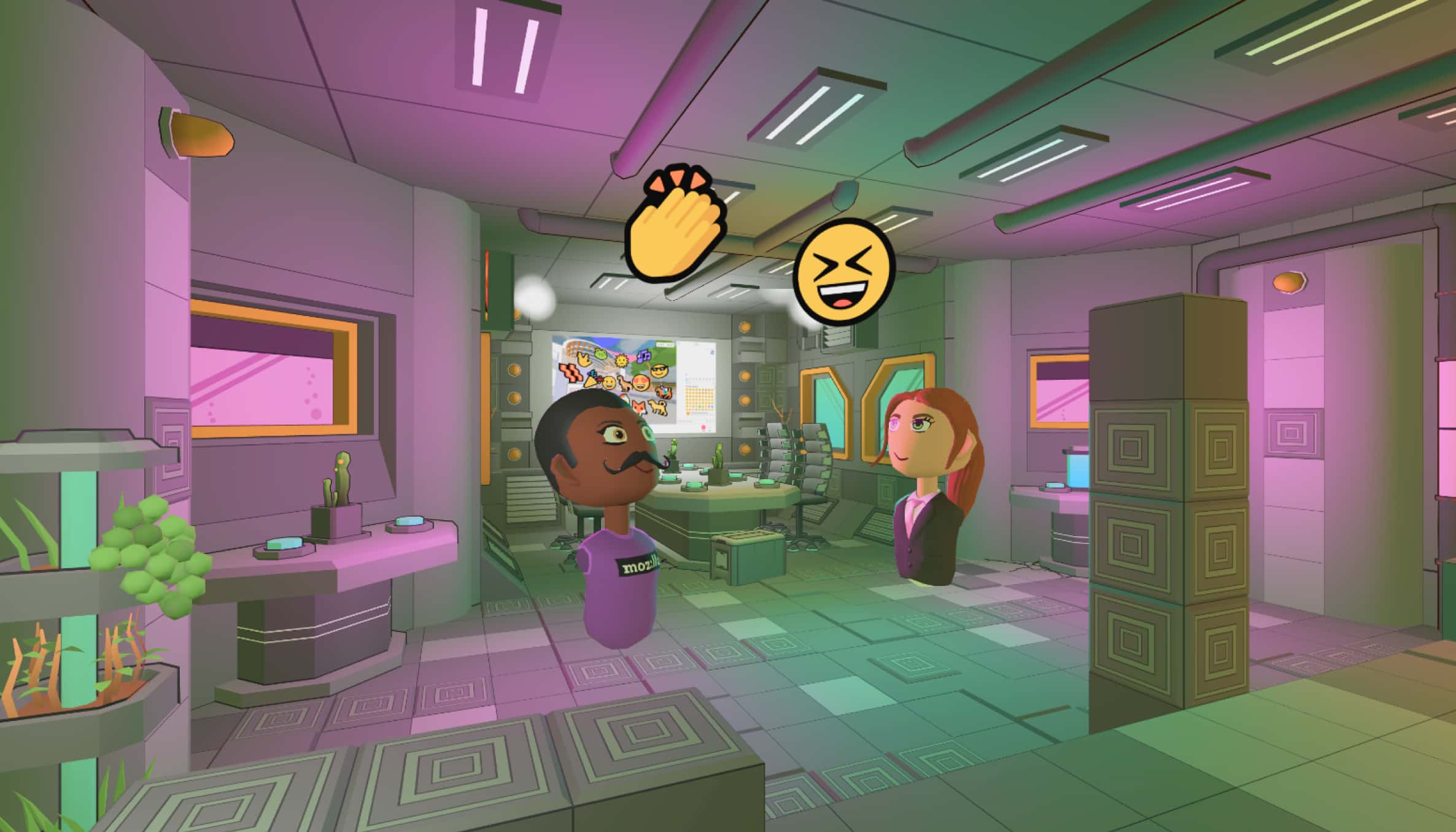 Two avatars in a virtual space making emojis