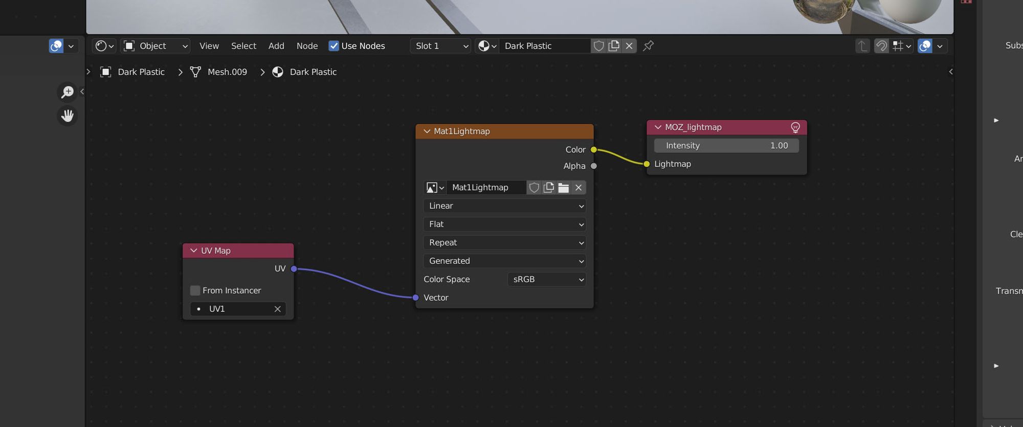 Blender's Shader Editor showing a UV Map node connected to an Image Texture node, then a MOZ_lightmap node.