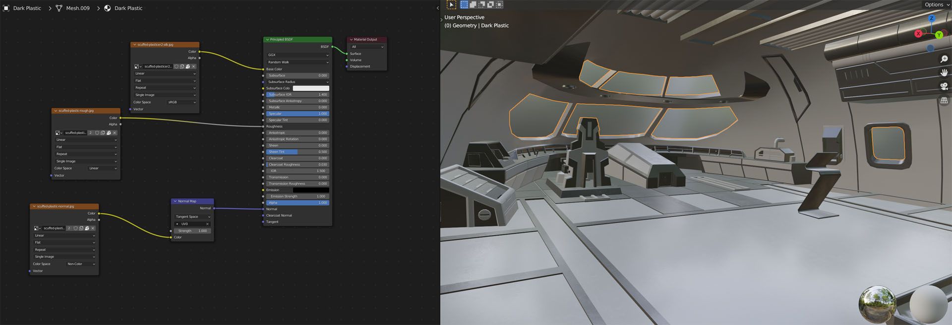 Split view of Blender's Shader Editor and a 3d scene. The Shader editor is showing one of the materials.