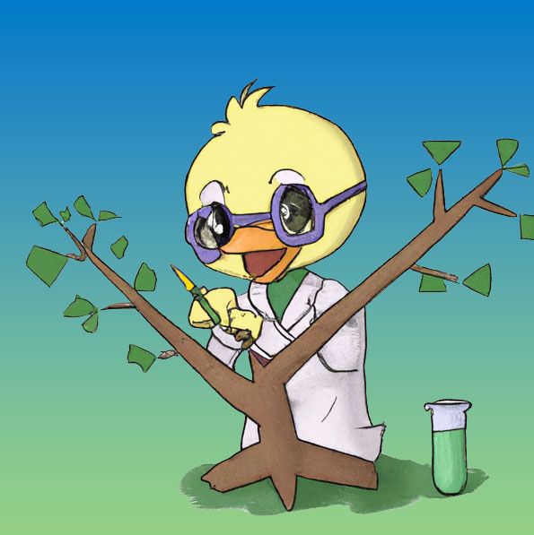 An AI-generated drawing of a duck in a lab coat and glasses doing something to a tree.
