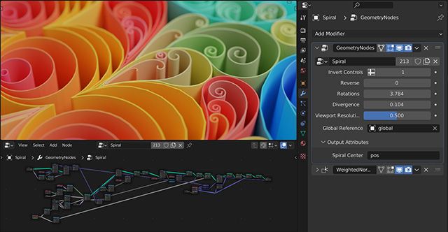 Blender's interface showing a split screen view of the Geometry Nodes system and some colorful spiral meshes.