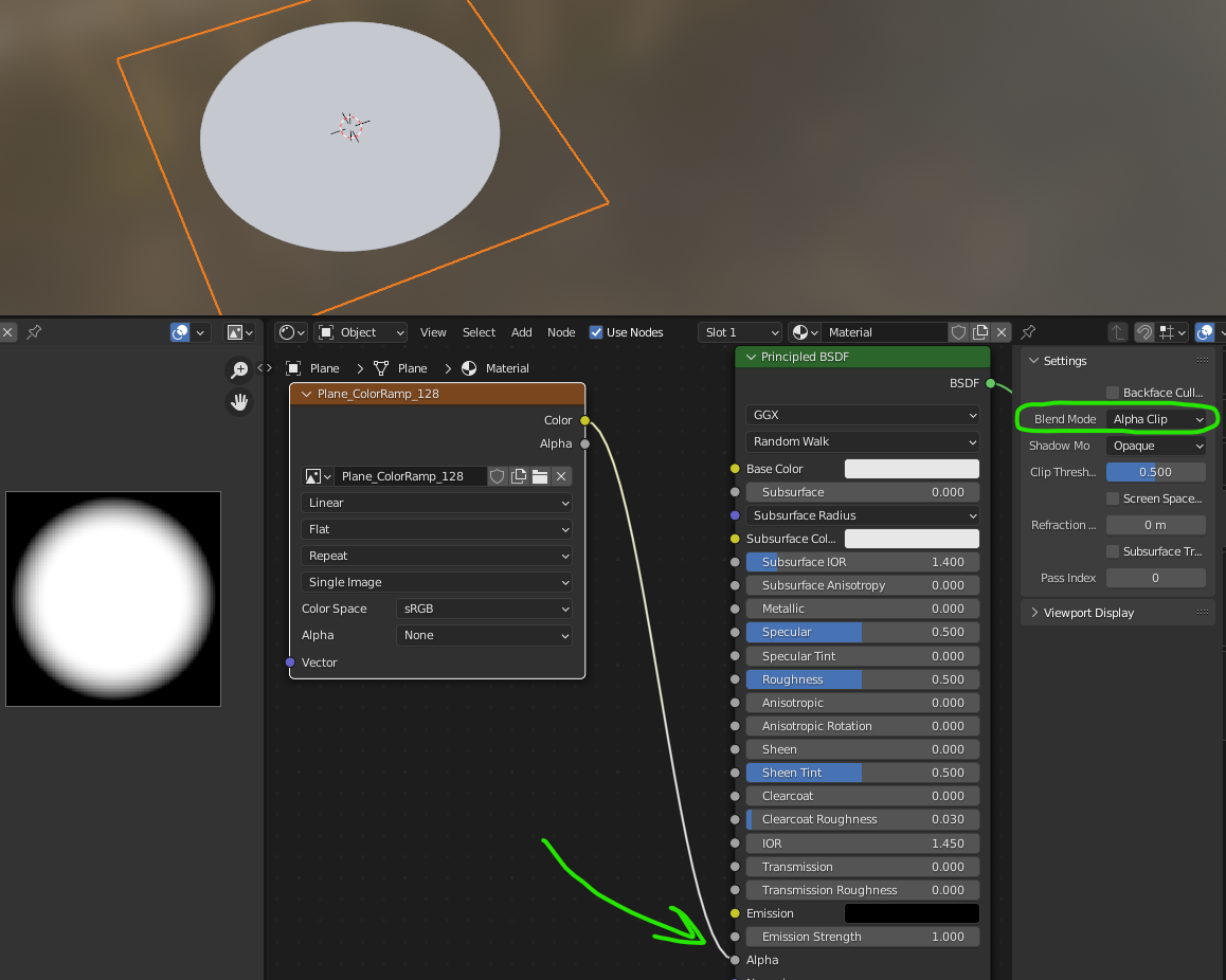 Blender's shader editor showing an Image Texture node plugged into the Alpha input of a Principled BSDF node.