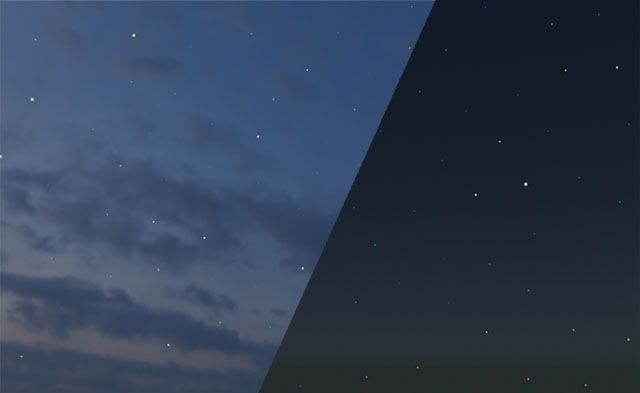 Split-screen image of a photographic cloudy sky and a computer-generated gradient sky, both with the stars overlaid on them.