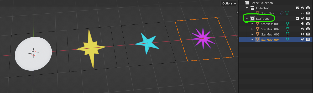 Four planar meshes in Blender, each with a unique star texture. The Outliner shows them contained within a Collection called 'StarTypes'