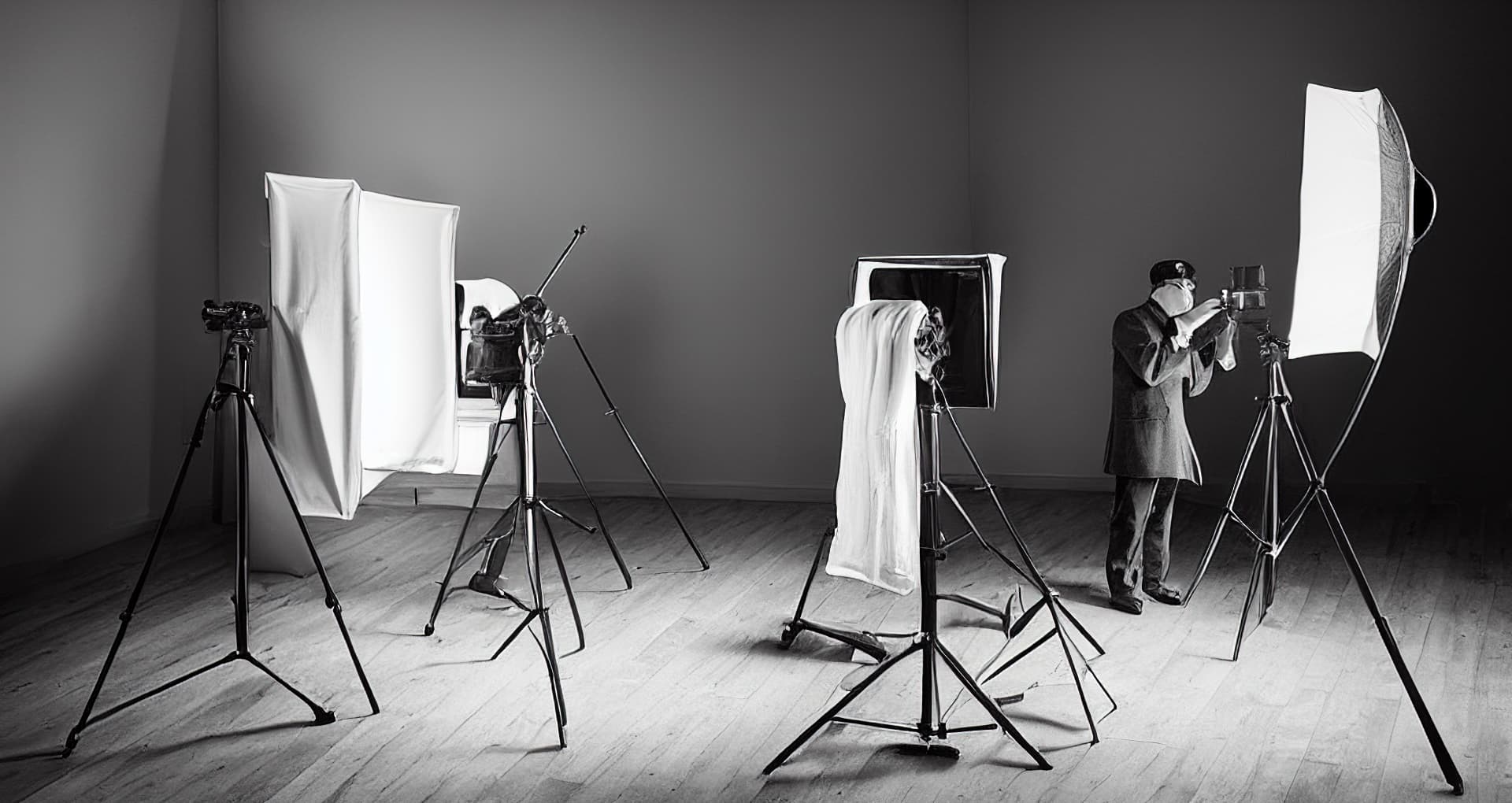 black and white photo of studio with photography equipment. the photo was generated using stable difussion