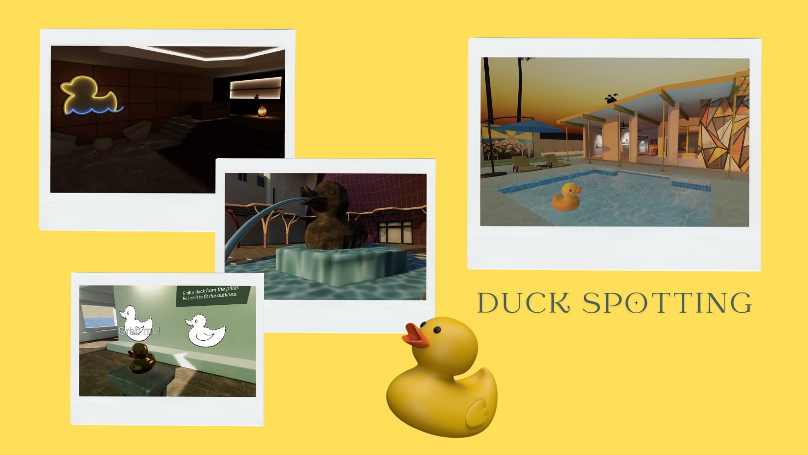 A collage of photos of Hubs spaces with versions of the Hubs duck.