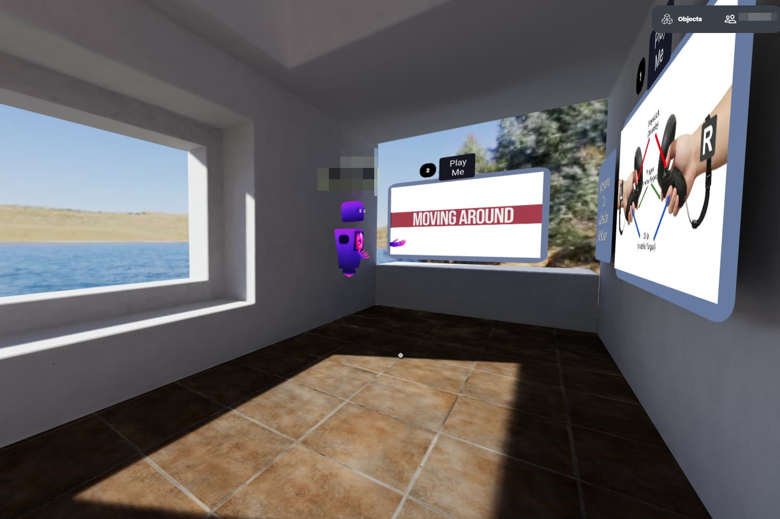 Image of avatar at the end of a hallway looking at two how-to posters & videos that show how to use VR controllers to move.
