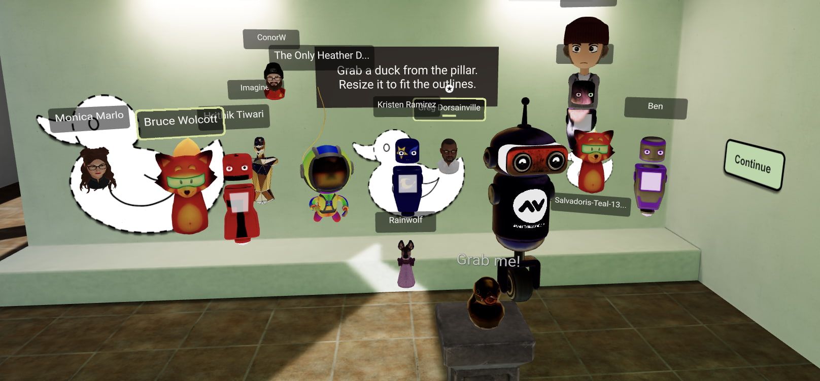 Group photo of a variety of avatars near a Hubs duck object.