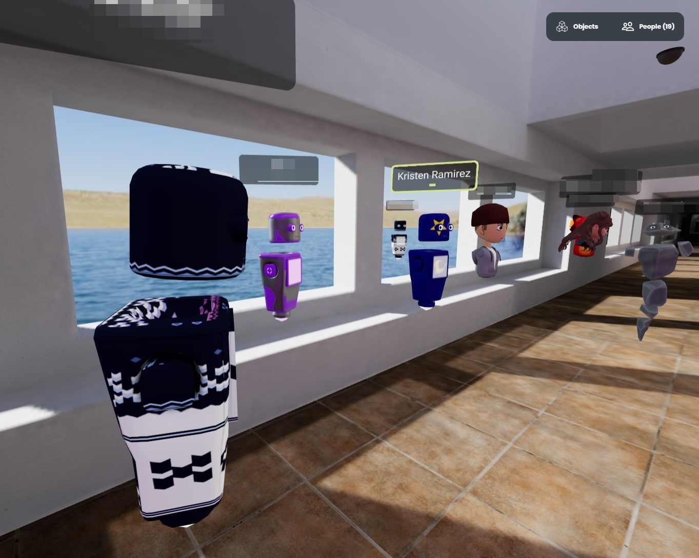Captures of several avatars at the end of a windowed hallway.