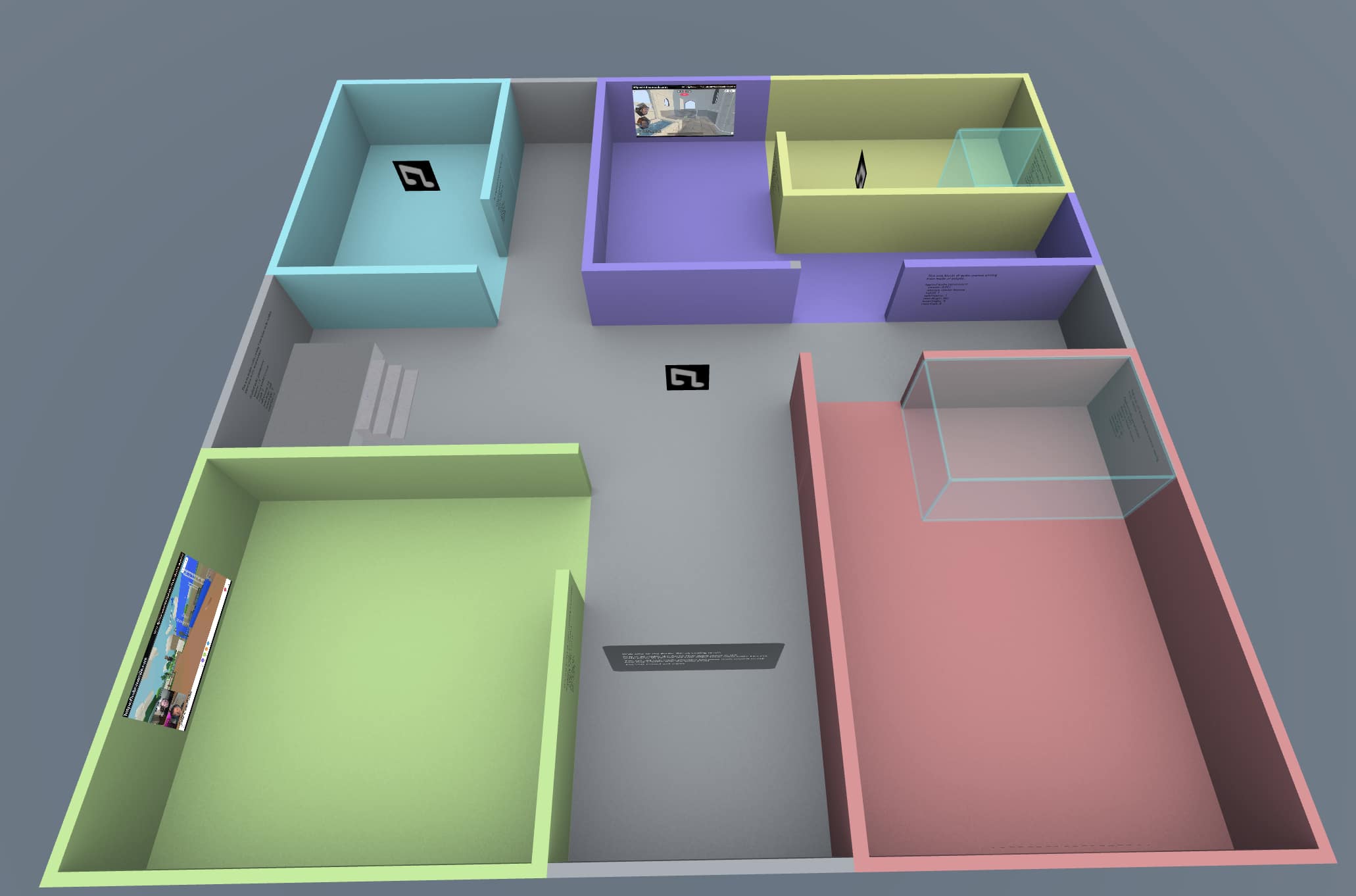 audio zones test space, top down view of multi-colored rooms