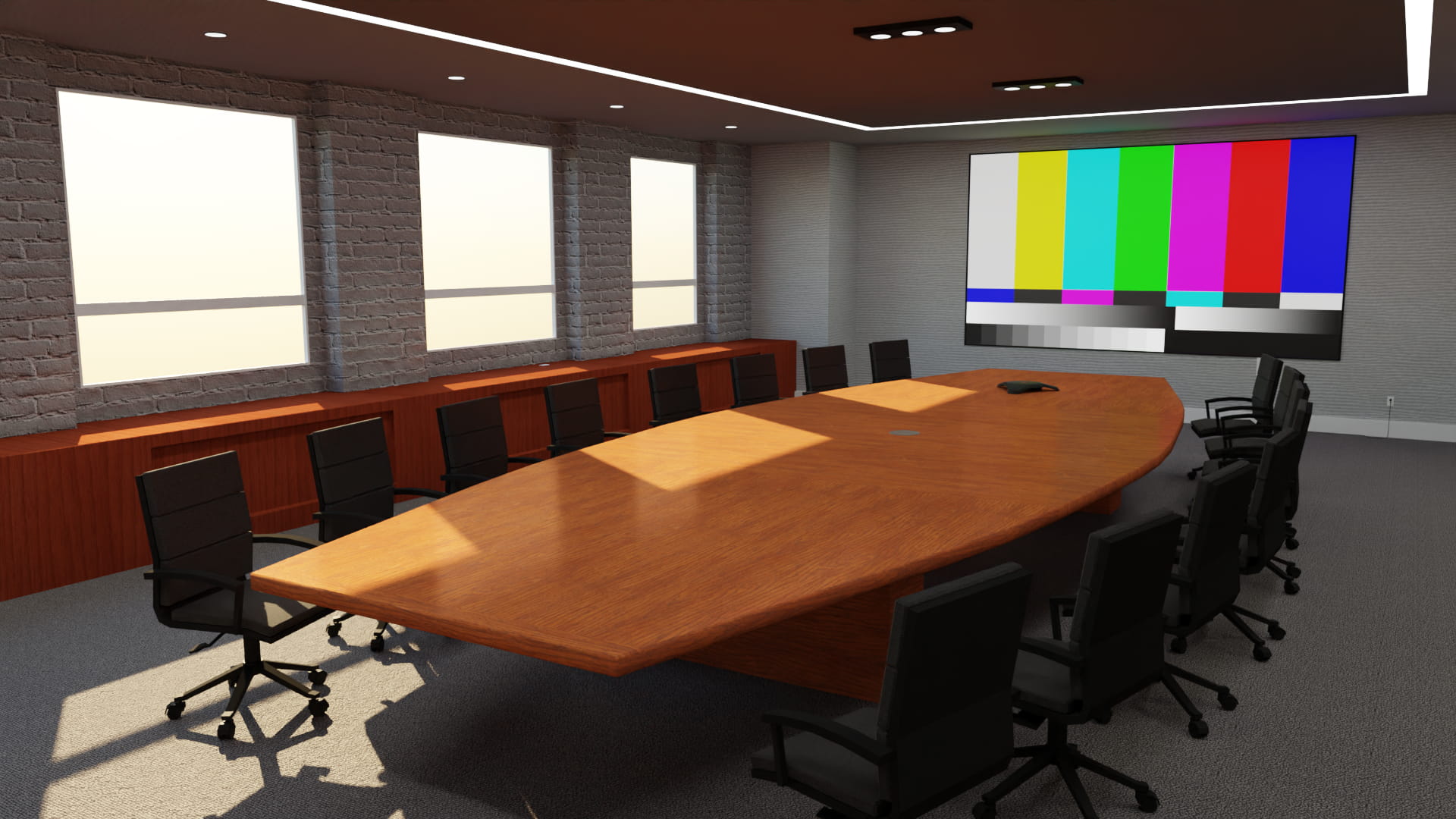 A Hubs virtual conference room with several chairs, large wooden desk, and exposed grey brick walls.
