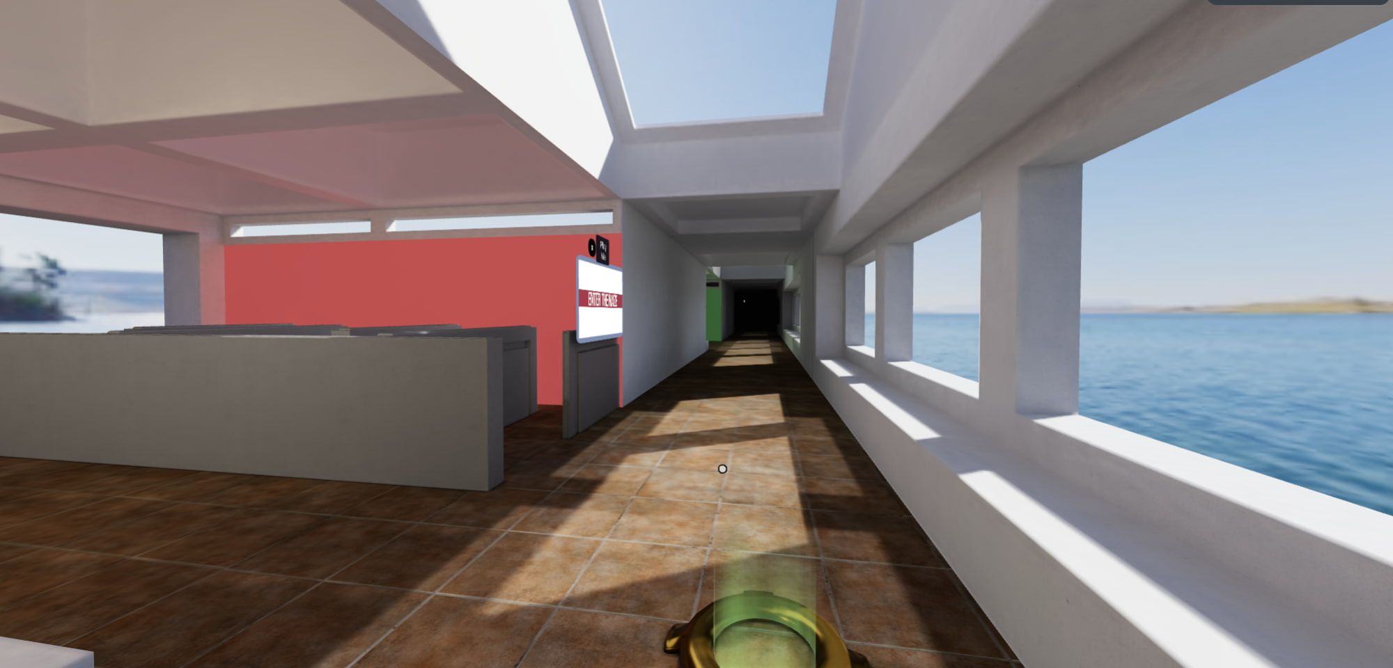 Image of hallway with a pink room to the left and a green room further down.