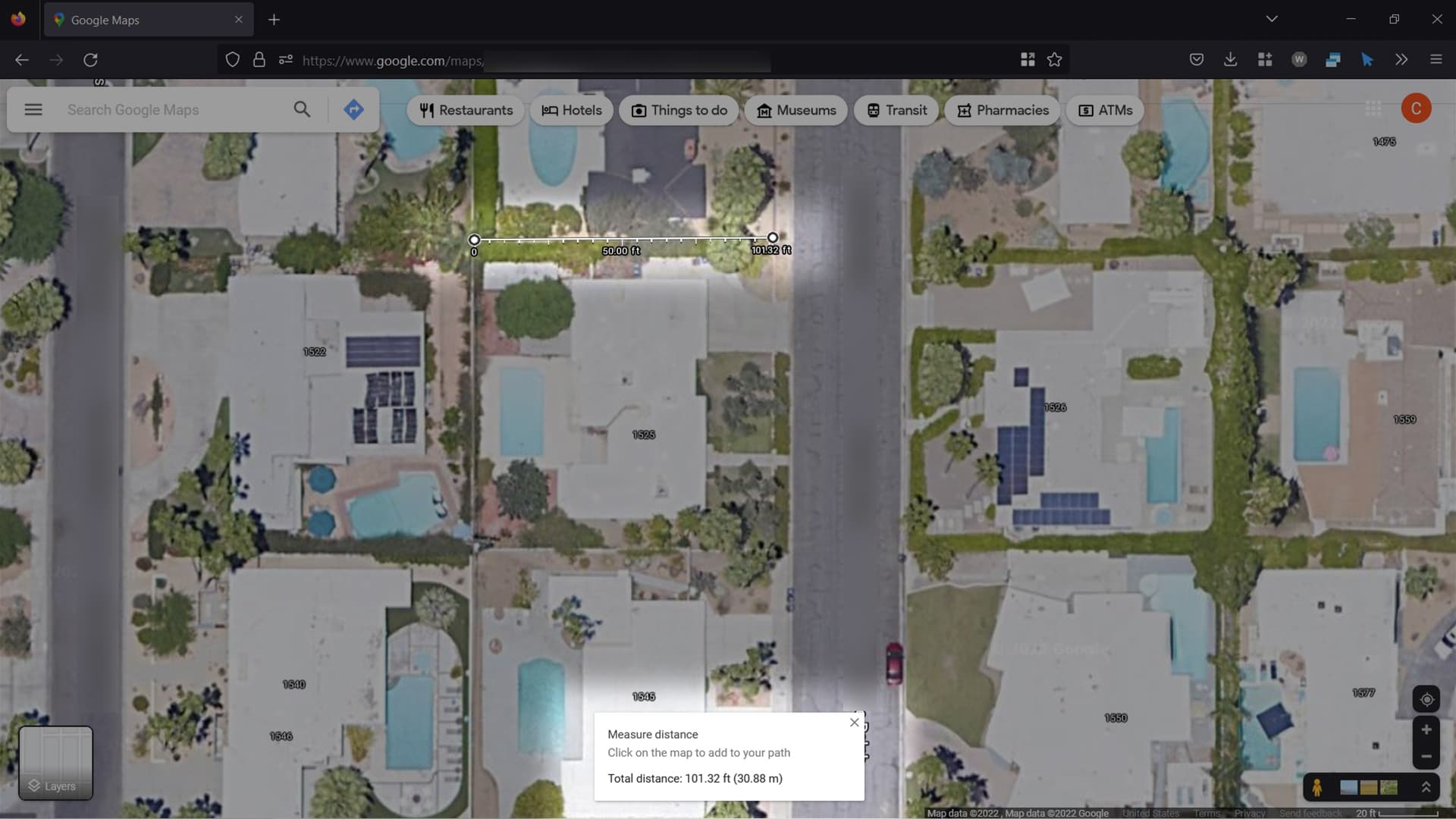A screenshot of Google Maps using the built-in tools to measure the neighborhood.
