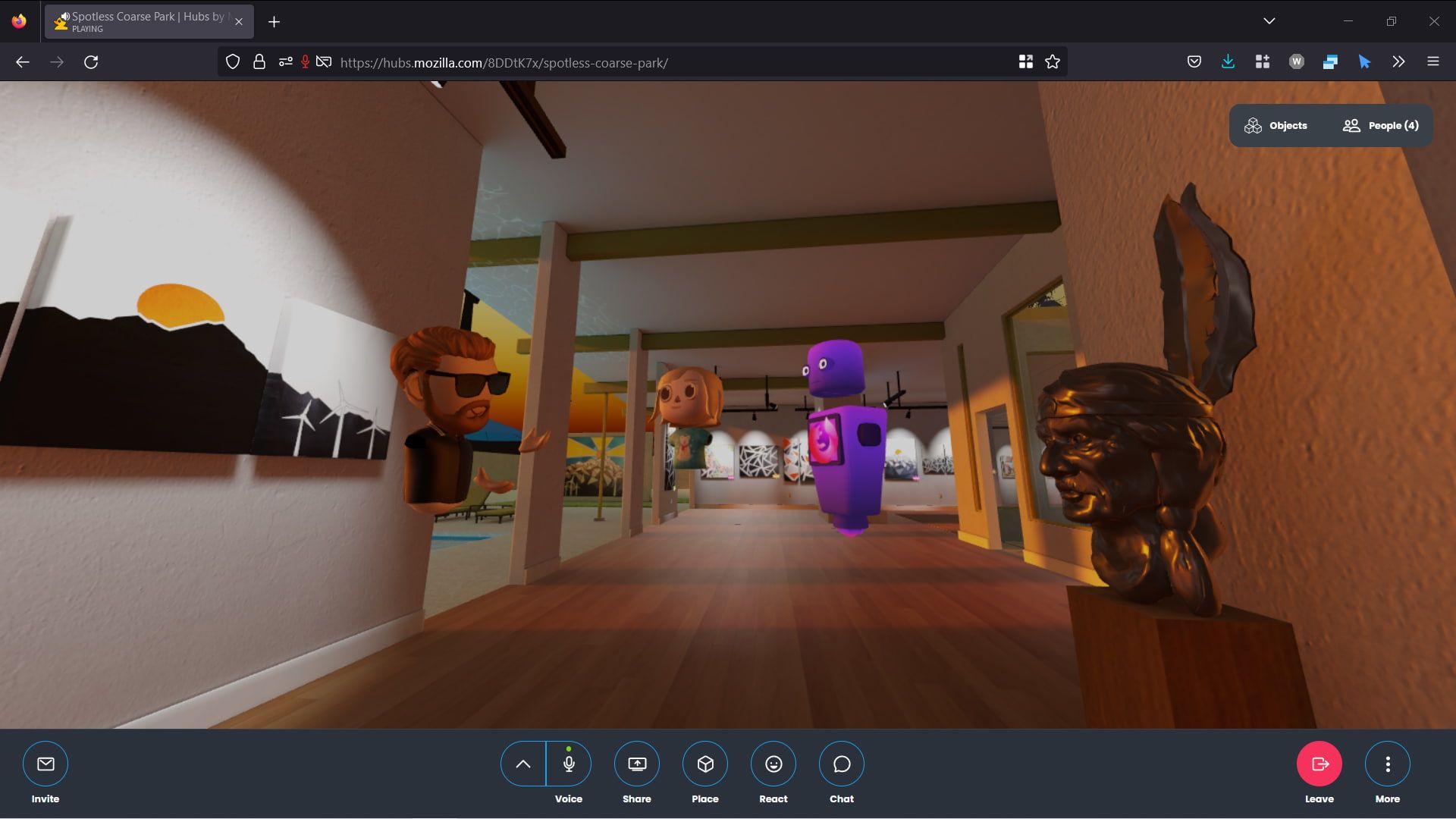 Codezart in the virtual Hubs gallery talking about his art to two virtual guests.