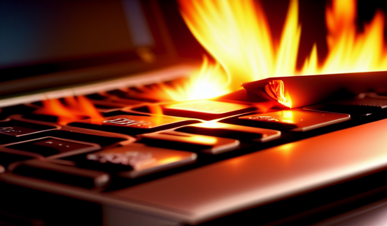 An AI-generated image of a laptop computer with flames coming out of the keyboard.