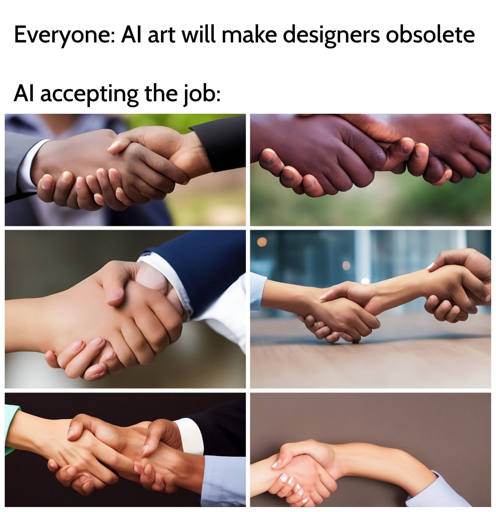 A funny AI art meme posted on a Stable Diffusion Discord server showing AI-generated mutant hands shaking hands.