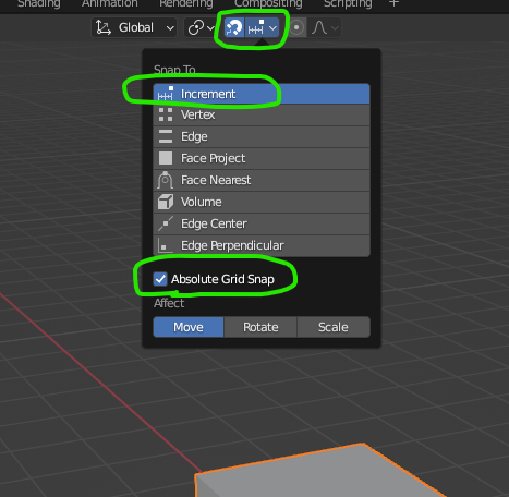 A cropped portion of Blender's interface highlighting the Snap settings located at the top of the 3d View.