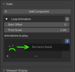 A cropped portion of the Loop Animation component from the Hubs add-on in Blender. A dialog box reads 'No tracks found'.