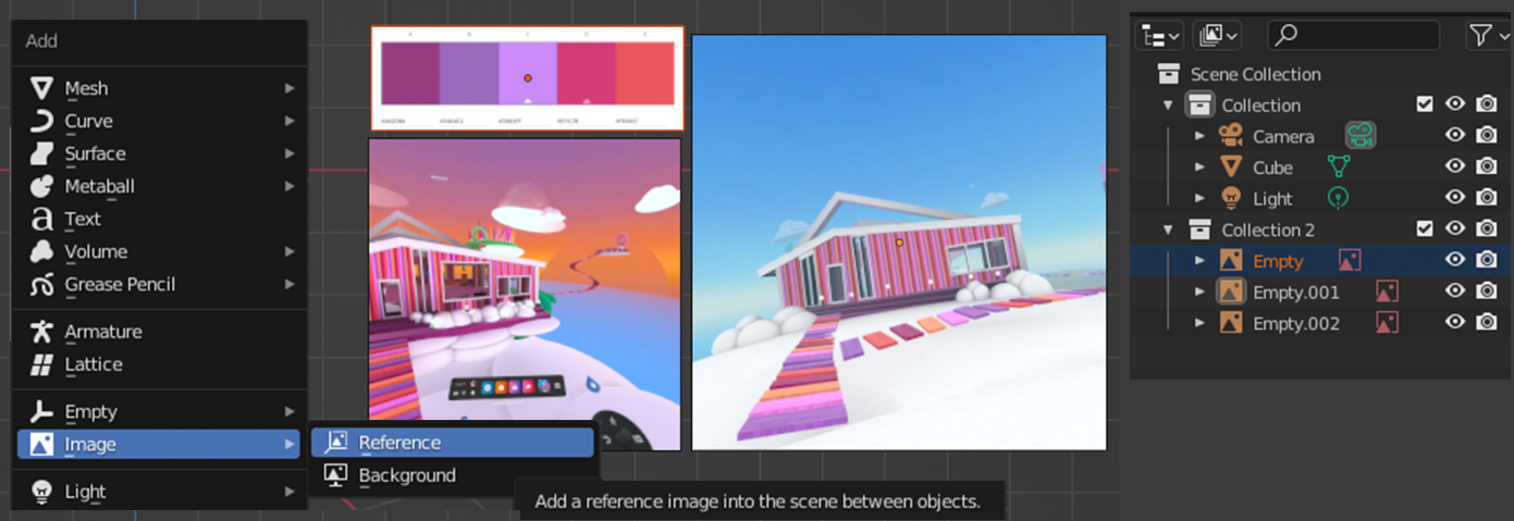 3 pane view, Showing where to go once you hit Shift + A to add an image. Middle view: Image References Right View: a preview of the  layer menu and a new collection added to hold references