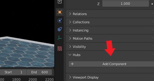 Screenshot of Blender's Object Properties panel with the Hubs Add Component button emphasized.