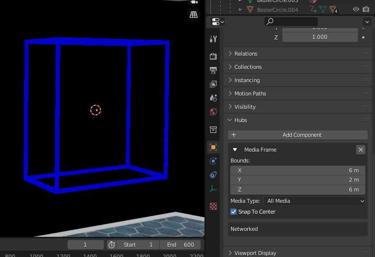 A Media Frame object shown in Blender with its properties shown. The XYZ Bounds are shown.
