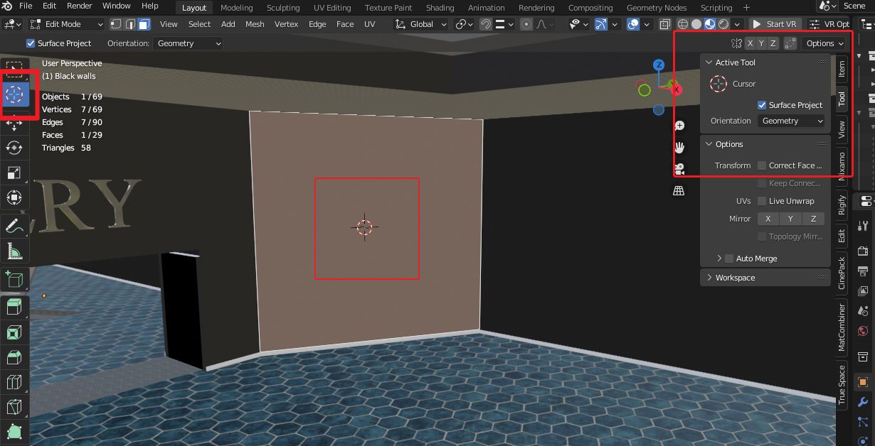 Blender's Active Tool dialog is highlighted showing the 3d cursor.