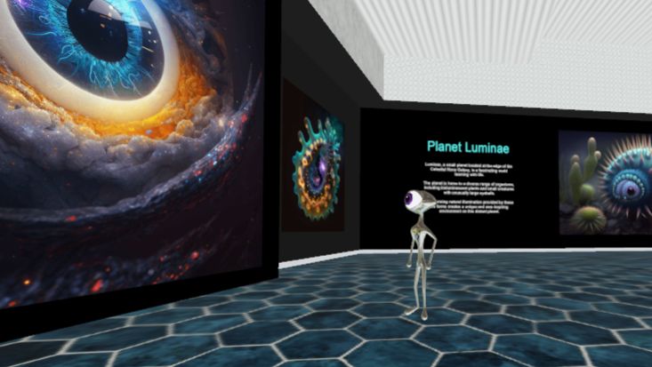 An alien-looking cyclops looks at an abstract image containing a large eye while standing in a virtual art gallery.