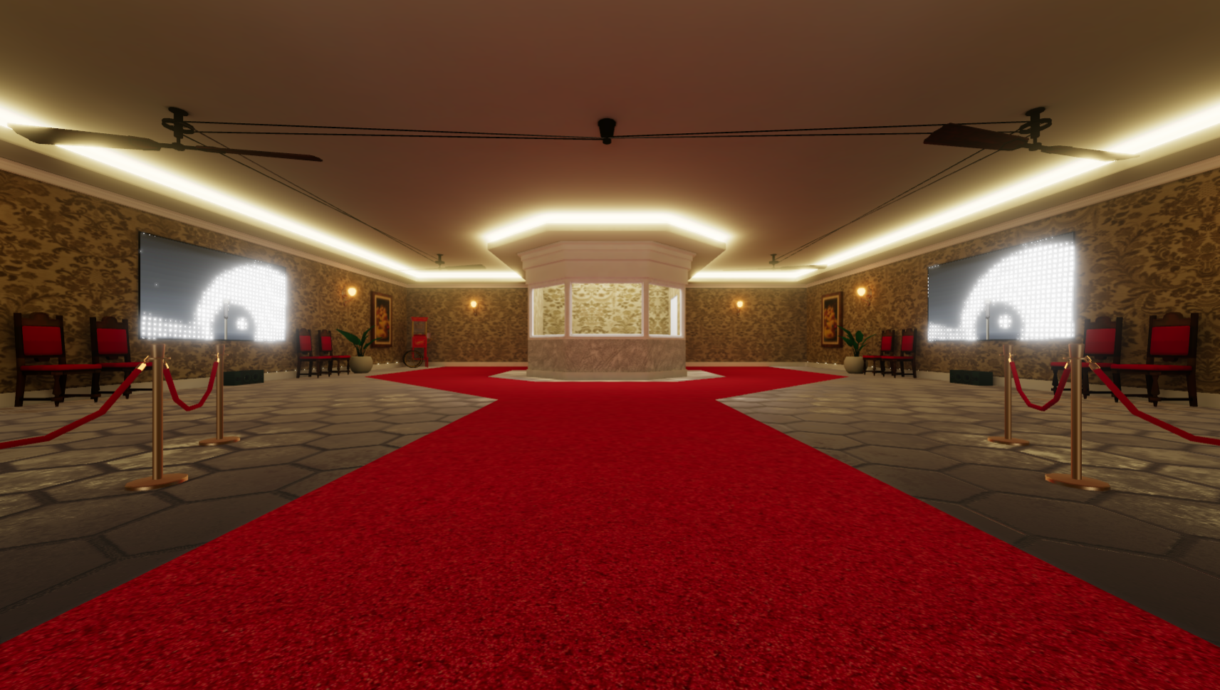 Red velvet ropes or cordones keep users funneled towards or away from the main theater door.