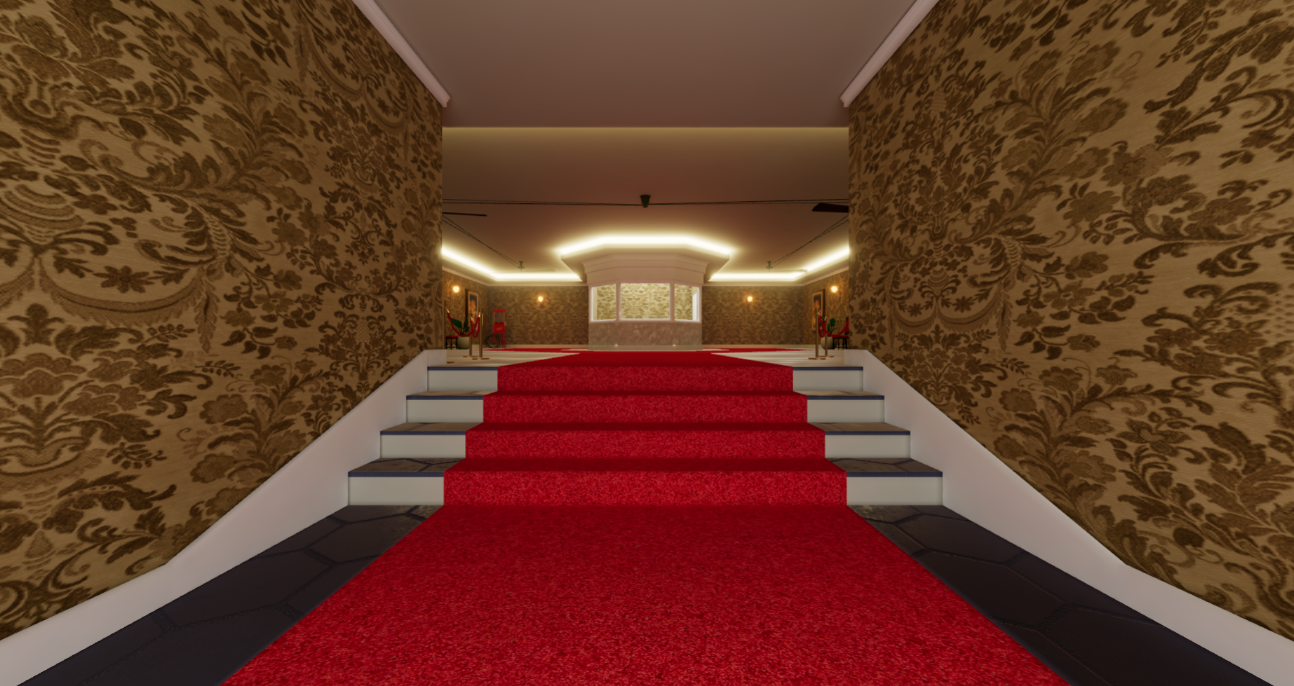 Wide view of the Hubs Classic Theater scene. Red carpet lines stairs that go up. A ticket booth can be scene ahead. The interior is wallpapered and opulent.