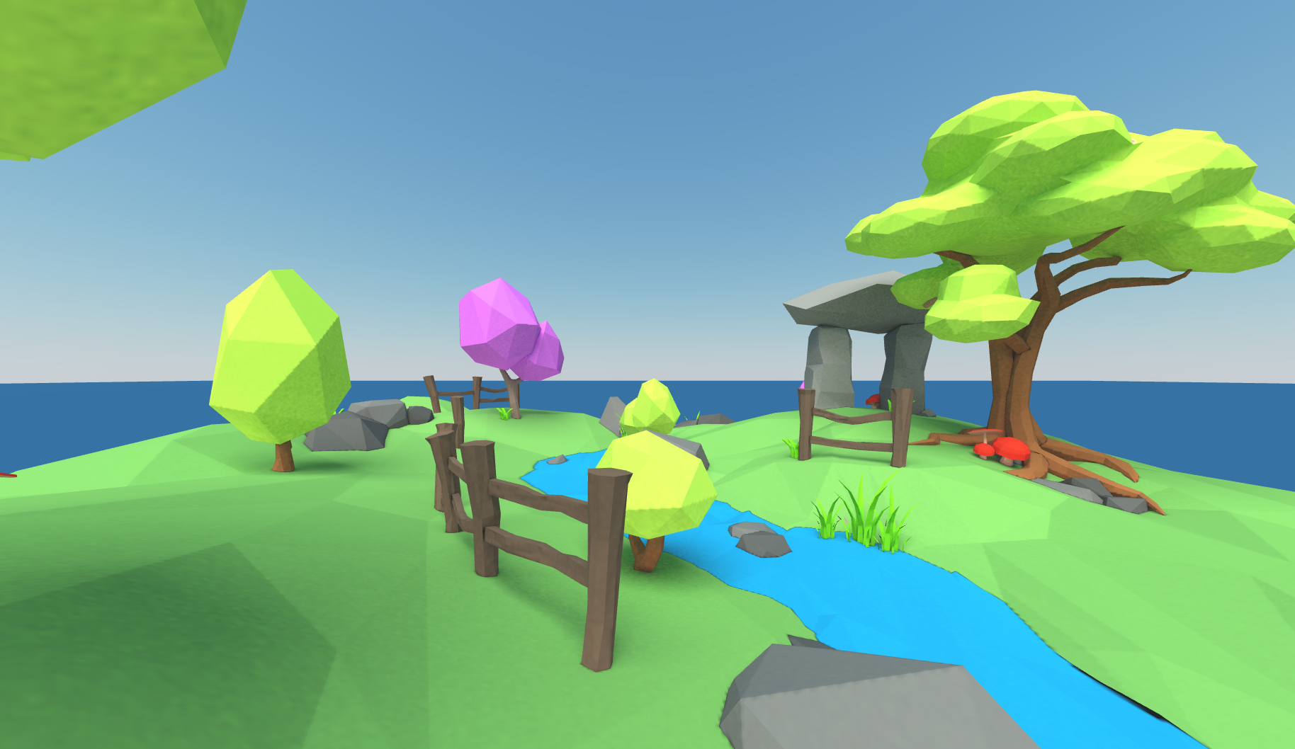 An early Hubs scene of a small low-poly island scene with trees and a river.