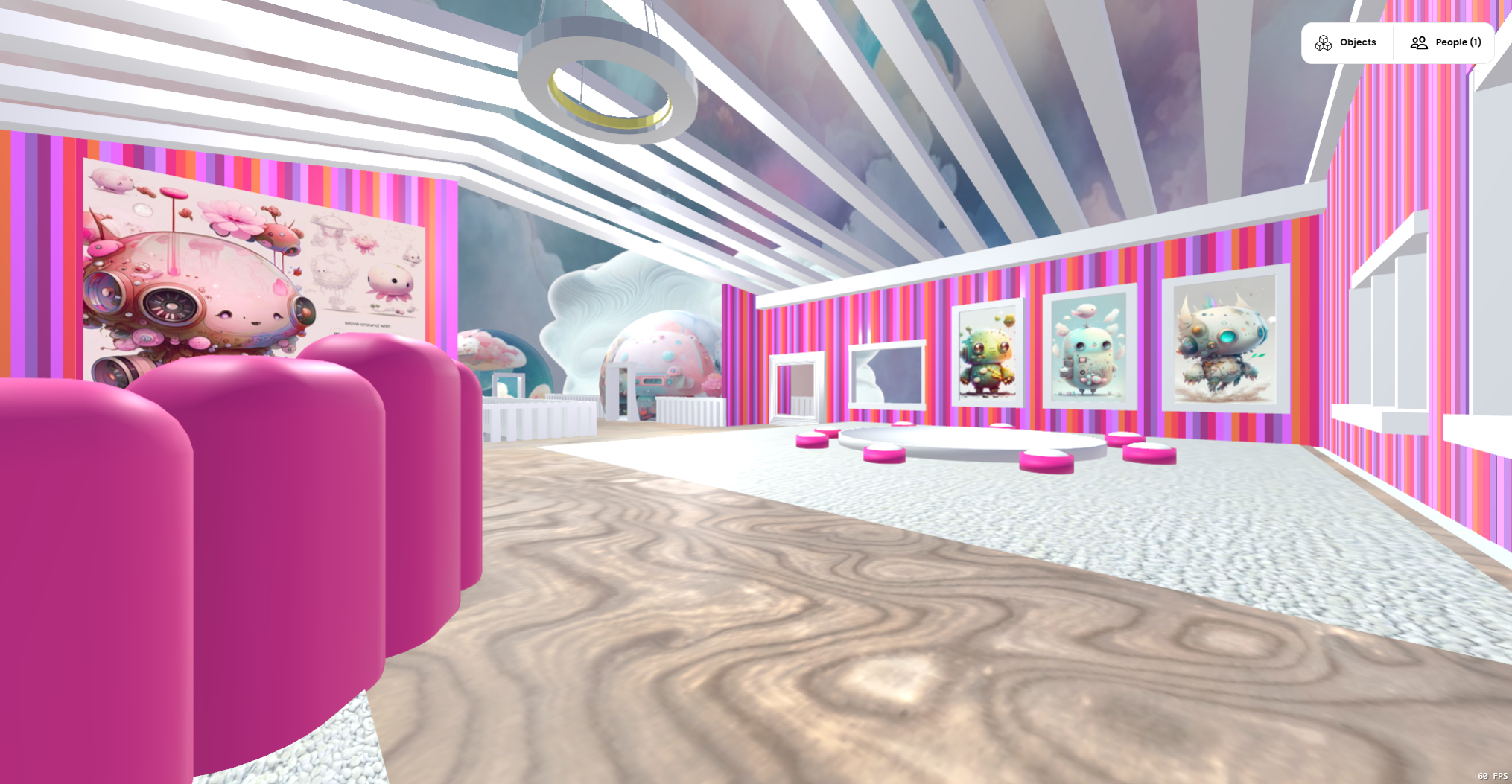 First impression of the Cloud Nine Beta space. It has pink striped walls and funky furniture.