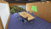 conference room with wood paneling overlooking forested mountains.